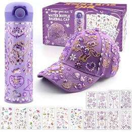 Gifts for Girls DIY Water Bottle and Baseball Cap, Decorate Your Own Water Bottle with Glitter Gem and Unicorn Stickers, Girls
