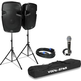 Vocal-Star PA Speaker System 1000w with Bluetooth MP3 Input Including Speaker Stands, Wired Microphone & Connecting Cable,