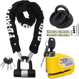 FD-MOTO 2.4KG Steel 1M*10mm Chain Lock Padlock + Alarm Brake Disc Lock Yellow + Ground Wall Anchor Heavy Duty for Motorbike