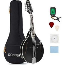 Donner Mandolin Instrument Black Mandolin Instrument Set for Beginner Adult Mahogany A Style with Tuner, String, Gig Bag,