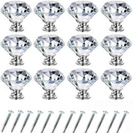Wajade 12 Pack 30mm Drawer Knobs Crystal Cabinet Knobs Diamond Shaped Glass Cupboard Handles Zinc Alloy Drawer Handles with