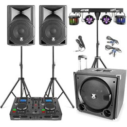 Vonyx VX800 2.1 Active Mobile DJ PA System Speaker Set with Twin CD Mixer Player, Stands, Microphone and Stage Lighting System