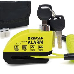 KRASER WA6Y Motorcycle Alarm Disc Brake Lock 110db Reeinforced, Waterproof, 6mm/0,24", 5ft Reminder Cable, Pouch, Universal