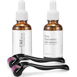 4 in 1 Derma Roller Microneedling Kit for 2 Pack(0.5mm/1.5mm) + Hyaluronic Acid Serum + Vitamin C Facial Serum - 540 Titanium