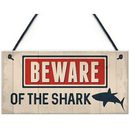 RED OCEAN Funny Beware Of The Shark Hot Tub Pool Party Sign Novelty Hanging Garden Signs