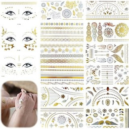 12 Metal Tattoo Stickers and 3 Face Stickers, Glitter Feather Flower Stickers, Waterproof Temporary Tattoo Stickers for Adults