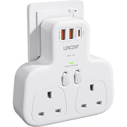 LENCENT Double Plug Adaptor With 3 USB Slots, Multi Plug Extension, 2 Way Plug Adapter with PD 20W USB-C & 2 USB-A QC 3.0, UK