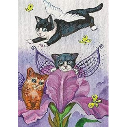 5x7 INCH PRINT OF ORIGINAL PAINTING RYTA TUXEDO CAT BUTTERFLY FAIRY ANGEL TABBY BLACK CAT GARDEN TALE INTERIOR HOME HOUSE