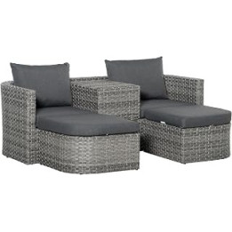 Outsunny 3 Piece Rattan Garden Furniture Set with Cushions, Patio Wicker Conversation Double Chaise Lounge Furniture Set with