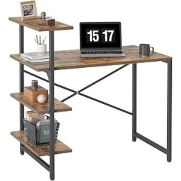 CubiCubi Small Computer Desk with Shelves 100x50x98 cm, Home Office Desk, Study Writing Office Table, 4 Tier Shelf, Brown