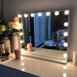 FENCHILIN Hollywood Vanity Cosmetic Mirror For Makeup with Lights, Type-C and USB Output Port, 15 Bulbs 3 Lighting Modes