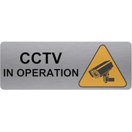 METAL CCTV In Operation Sign Brushed Silver Aluminium WITH IMAGE Warning Safety Security Camera Recording Door Notice Office