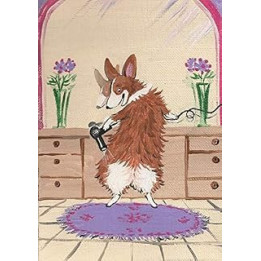 5X7 PRINT OF ORIGINAL PAINTING RYTA BATHROOM PEMBROKE WELSH CORGI DOG PET PINK INTERIOR HOME HOUSE DECOR DECORATION DESIGN FINE