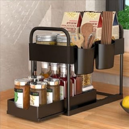 devesanter Under Sink Storage Shelf 2 Tier kitchen Under Sink Organiser with Bottom Sliding Basket Drawer 4 Hooks 2 Hanging
