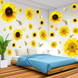 Large Sunflower Wall Stickers - 39 PCS Sunflower Daisy Decals for Wall 3D Butterfly Wall Sticker Sunflower Bathroom Nursery