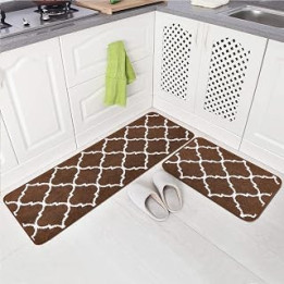 Carvapet 2 Piece Kitchen Rugs Non-Slip Machine Washable Moroccan Pattern Doormat Kitchen Floor Mats (Coffee)