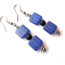 Laser Etched Deep Blue Geometric Patterned Square Tiles, Blue Goldstone Round Beaded Earrings