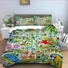 phonxia Green Jungle Birds Double Duvet Cover Set Double Bedding Set with Zipper Closure Kids Comforter Cover for Aldult