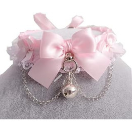 Choker Necklace,Kitten Play Collar Gear,Princess DDLG Pink Satin White Lace Ruffles Chain Bow Bell Tug Proof Daddys Girl Kawaii