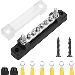 150A Common BusBar Power Terminal Blocks with 2 M6 Studs 6 M4 Screws Terminals, 12V- 48V DC Single-row Covered Power Ground