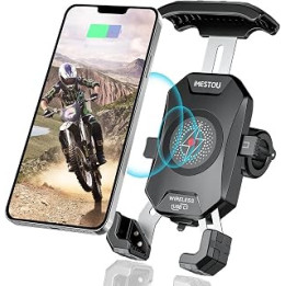 iMESTOU Motorcycle Wireless Phone Mount Charger Qi 15W & USB C 3.0A Charge Simultaneously by Plugging to 12V/24V Vehicle/USB A