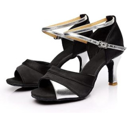 Latin Dance Shoes for Women Black and Gold 5 cm Half Open Toe Dance Shoes Ballroom Party Salsa Dance Practice Performance Shoes