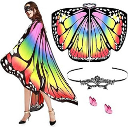 Aomig Womens Butterfly Wings Costume, Rainbow Butterfly Shawl Wings with Mask, Adult Fairy Pixie Cloak Butterfly Cape Wings