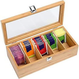 CMOISO Tea Box Bamboo, Tea Storage Box, 5-Compartment Multifunctional Wooden Tea, Tea Bag Storage Box with Transparent Lid