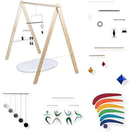 Set of 5 Montessori inspired mobiles with gym/holder - Black and white mobile, Gray Gobbi, Dancers, Octahedron, Rainbow.