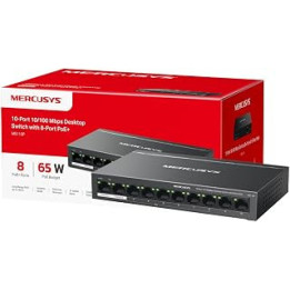 MERCUSYS 10-Port 10/100Mbps Desktop Switch with 8-Port PoE+, PoE Power Budget 65W, compatible with 802.3af/at PDs, Power