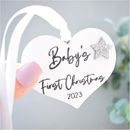 Baby's 1st Christmas 2023 Xmas Tree Decoration. White Wood Ornament. Wooden Heart Christmas Bauble. Son Daughter Neutral