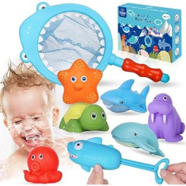 Lehoo Castle Baby Bath Toys, Kids Bath Toys with Baby Shark Bath Squirters Toy, Shower Toys Fishing Net for Kids, Gift for Boys