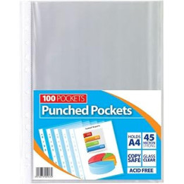 1ABOVE 45 Micron 100Pack A4 Glass Clear Plastic Wallets Punched Poly Pocket Paper Document Files