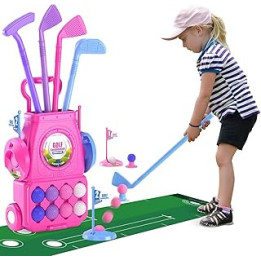 QDRAGON Kids Golf Clubs, Toddler Golf Set With 8 Balls, Putting Mat, 4 Golf Sticks, 2 Practice Holes And Golf Cart With Wheels,