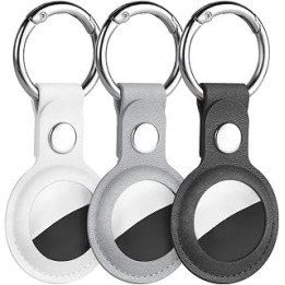 Ainiv Protective Case for Apple Airtags, Black Grey White PU Leather Keyring Case, Airtag Holder, AirTags Tracker Cover, Air