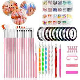 61 PCS Nail Art kit Accessories, 15pcs Nail Art Brushes Nail Pen designing Dotting, Colourful Nail foil, Stripping Manicure