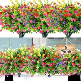 ALAGIRLS 8 Bundles Artificial Flowers Outdoor UV Resistant, Faux Flower Plastic Greenery for Indoor Outside Hanging Plants,