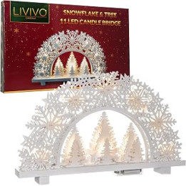 LIVIVO Natural Wooden Christmas Candle Bridge Festive Scene Decoration Battery Operated Warm White LED Xmas Candle Lights -