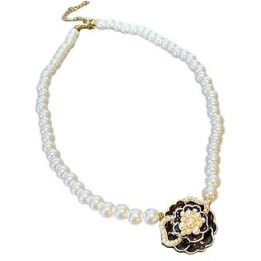 SESAMECAVE Elegant Pearl Necklace with Camellia Flower Design Timeless and Chic Jewelry for Women (Black Camellia Necklace)
