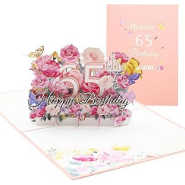 65th Pop-Up Birthday Cards for Women, 65th 3D Pop-Up Birthday Cards with Note Card and Envelope, Pop-Up Greeting Cards for