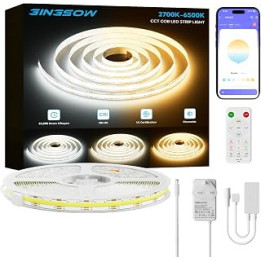 GINGSOW COB LED Strip White CCT Tunable 10m Kit, 6400LEDs CRI93 Dimmable 2700K-6500K 24V LED Tape Lights Kit with APP