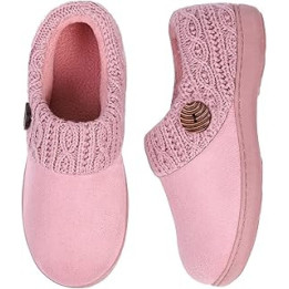 Women's Comfy Suede Memory Foam Slippers Classic Woollen Yarn Knit Collar House Shoes with Retro Button Decor