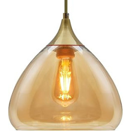 Celing Hnaging Brass Pendant Light Amber Glass Lamp Shade Ceiling Fitting H3025 Vintage