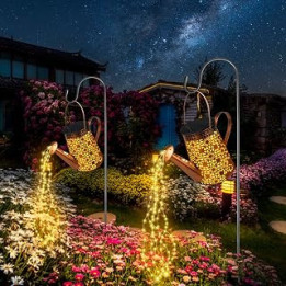 FLSEPAMB Watering Can Solar Lights Outdoor Garden (2 Pack), IP65 Waterproof Watering Can with Cascading Lights, Warm White