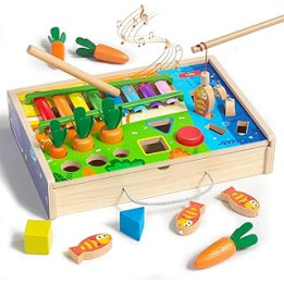 Fishing Game for Toddler, 4 in 1 Wooden Toys, Fishing Toy Play Set|Shape Sorter|Carrot Harvest|Music Xylophone|Fishing Toy,