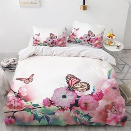 Single Bedding Set Pink Butterfly Duvet Cover with Zipper Closure for Children Soft Hypoallergenic Microfiber Duvet Cover