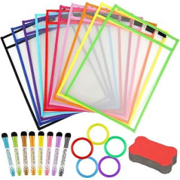Uhat Reusable Dry Erase Pockets Assorted Colors Sheet Protectors Oversized 10 * 13 Inches Write and Wipe Clean Pockets - Pack