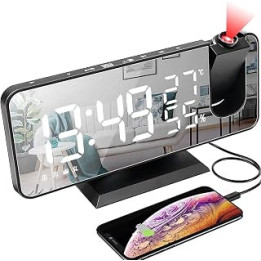 Ciuitixi Projector Digital Alarm Clock with FM Radio, 7.3 LED Mirror Screen Big Digit, 180° Projection Modern Surface Snooze