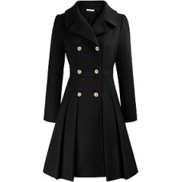 Women Winter Trench Coat Long Puffed Sleeves Lapel Collar Double-Breasted Duffle A-Line Peacoat