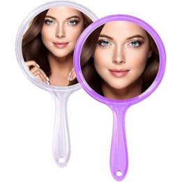 2 PCS Hand Mirror, Double-sided 1X/3X Magnifying Mirror with Handle, Portable Travel Cosmetic Mirror, Transparent Frame Pocket